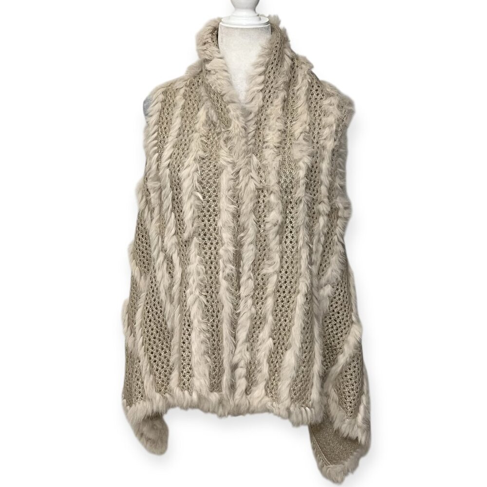 Metric Knits Fur Collection Tan Beige Vest Poncho Women's Size M Knit Real Fur